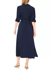Women's Roll Sleeve Tie Waist Shirt Dress