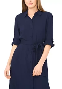 Women's Roll Sleeve Tie Waist Shirt Dress