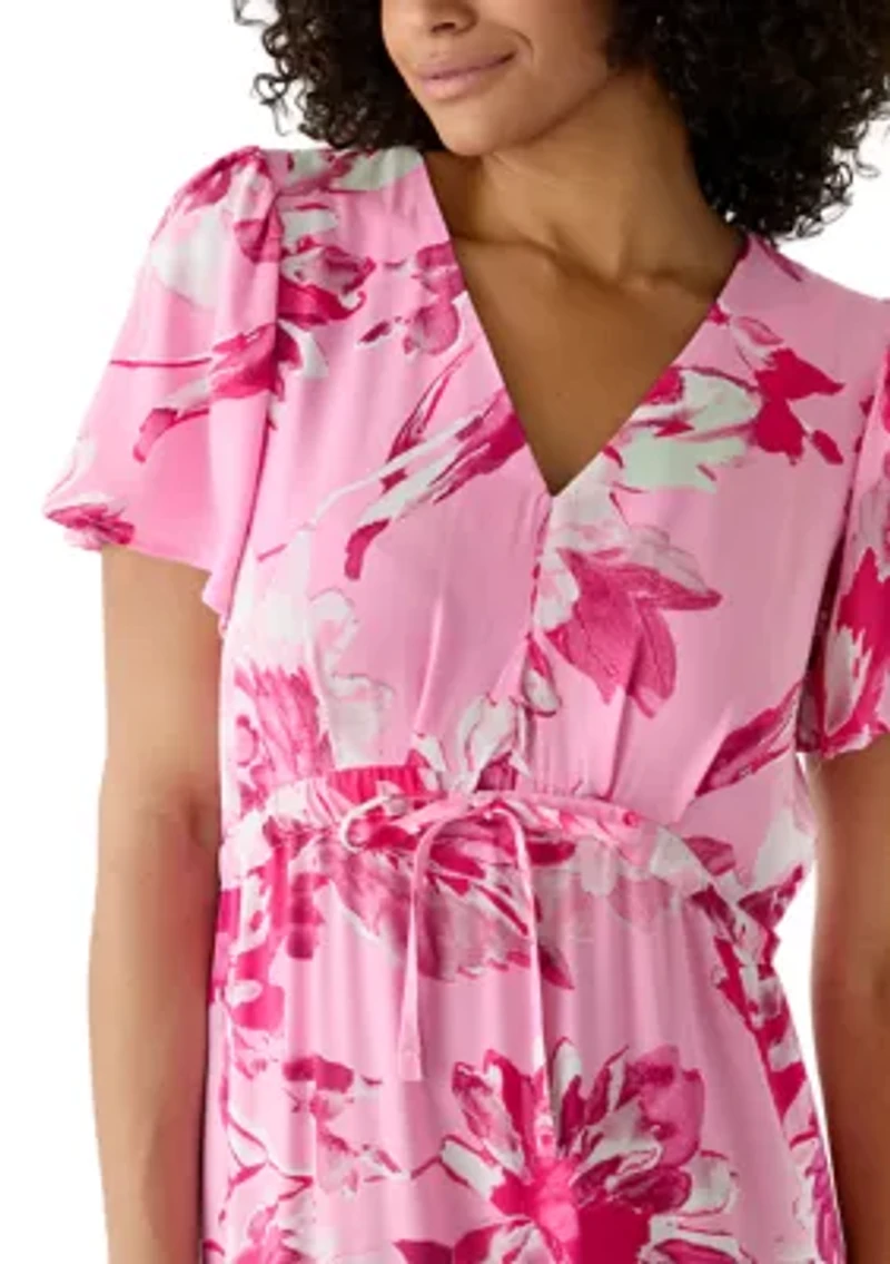 Women's Flutter Sleeve Tie Waist Floral Dress