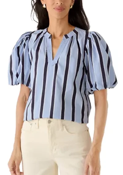 Women's Puff Sleeve Striped Split Neck Blouse