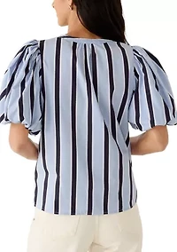 Women's Puff Sleeve Striped Split Neck Blouse