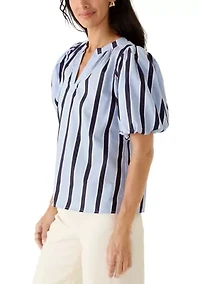 Women's Puff Sleeve Striped Split Neck Blouse