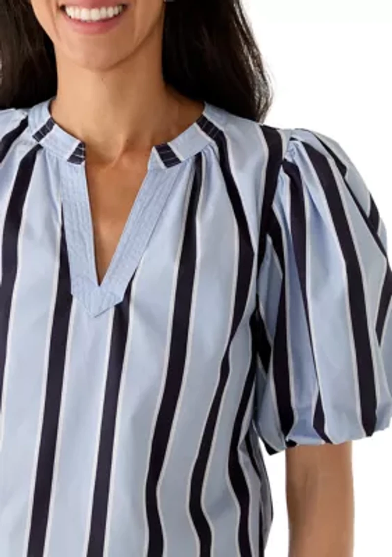 Women's Puff Sleeve Striped Split Neck Blouse