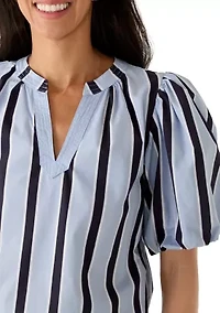 Women's Puff Sleeve Striped Split Neck Blouse