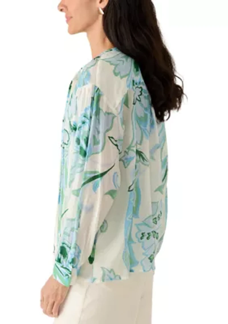 Women's Long Sleeve Split Neck Floral Blouse