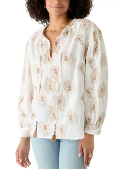 Women's Sleeveless Floral Embroidered Split Neck Blouse