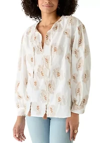 Women's Sleeveless Floral Embroidered Split Neck Blouse