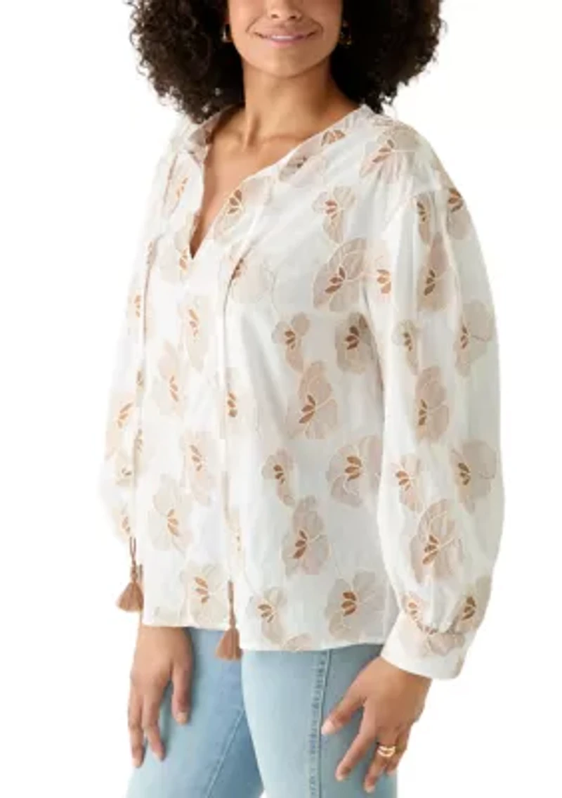 Women's Sleeveless Floral Embroidered Split Neck Blouse