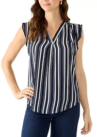 Women's Ruffle Sleeve Print Split Neck Blouse