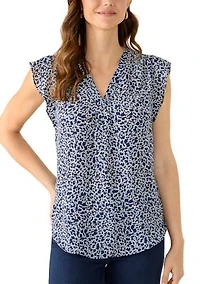 Women's Ruffle Sleeve Printed Split Neck Blouse