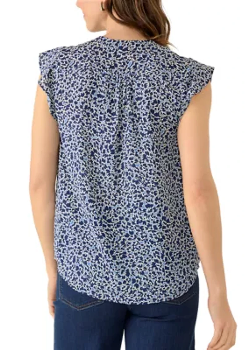 Women's Ruffle Sleeve Printed Split Neck Blouse