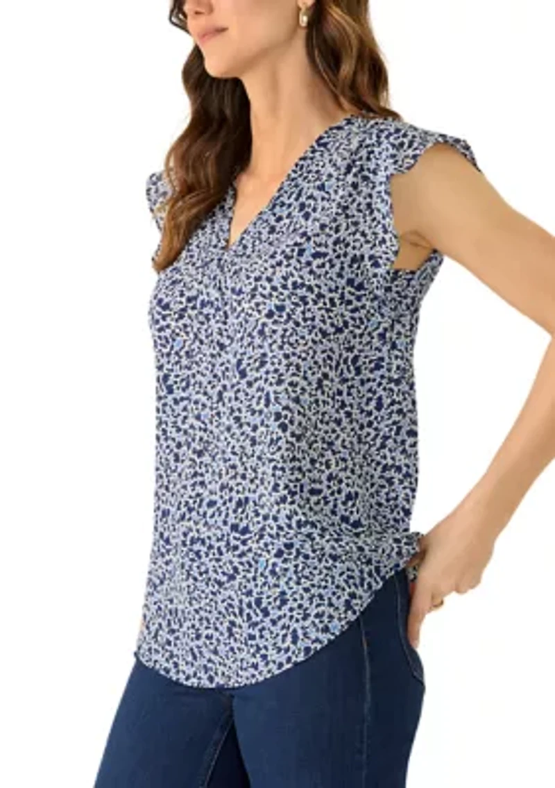 Women's Ruffle Sleeve Printed Split Neck Blouse