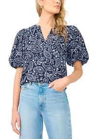 Women's Puff Sleeves Printed Split Neck Blouse
