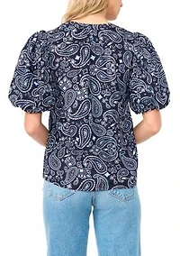 Women's Puff Sleeves Printed Split Neck Blouse