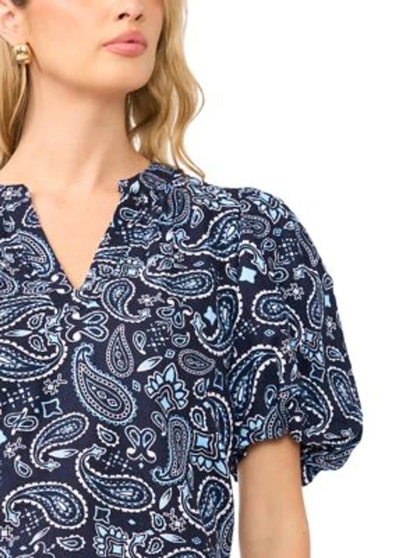 Women's Puff Sleeves Printed Split Neck Blouse