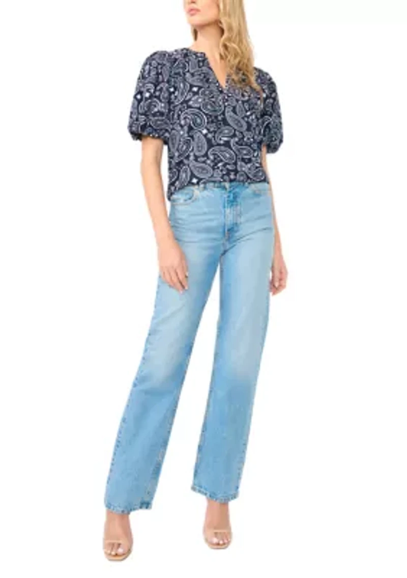 Women's Puff Sleeves Printed Split Neck Blouse