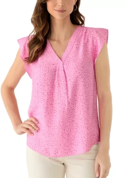 Women's Ruffle Sleeve Speckled Split Neck Blouse