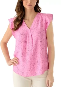 Women's Ruffle Sleeve Speckled Split Neck Blouse