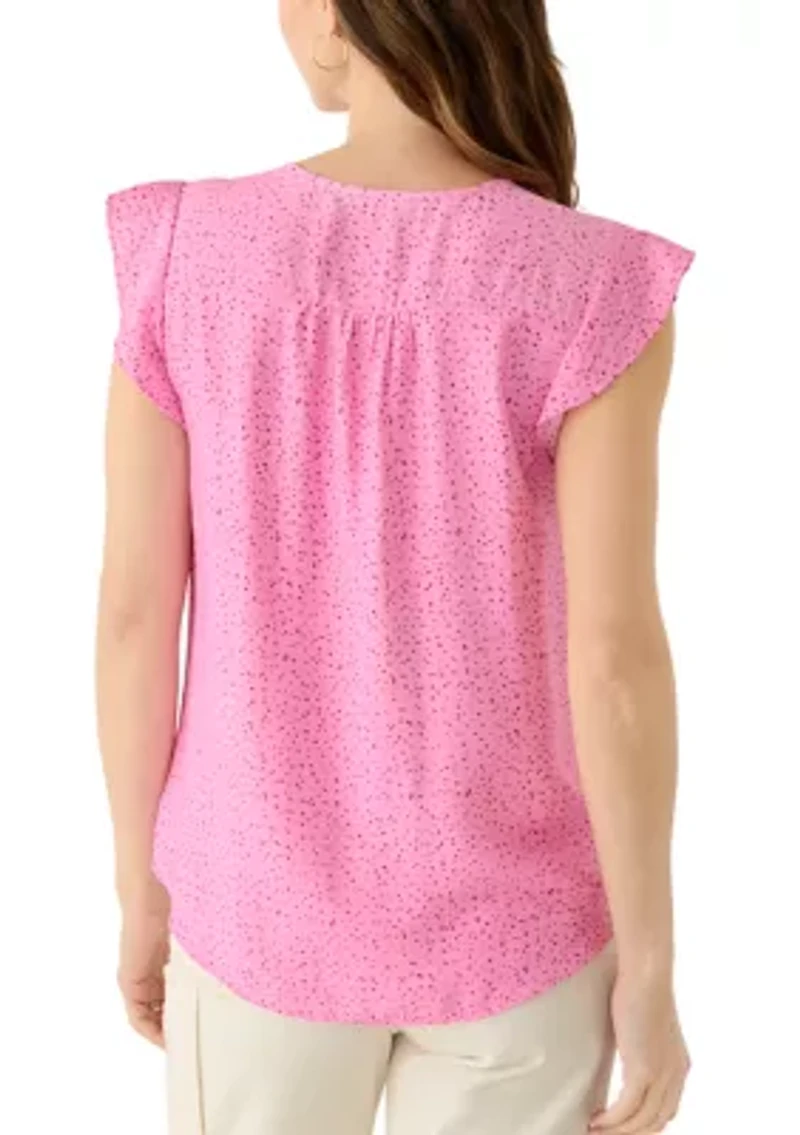 Women's Ruffle Sleeve Speckled Split Neck Blouse