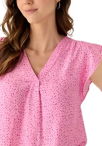 Women's Ruffle Sleeve Speckled Split Neck Blouse