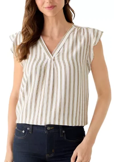 Women's Ruffle Sleeve Striped Split Neck Blouse
