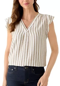 Women's Ruffle Sleeve Striped Split Neck Blouse