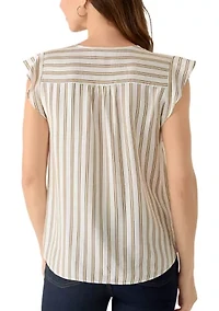 Women's Ruffle Sleeve Striped Split Neck Blouse