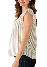 Women's Ruffle Sleeve Striped Split Neck Blouse