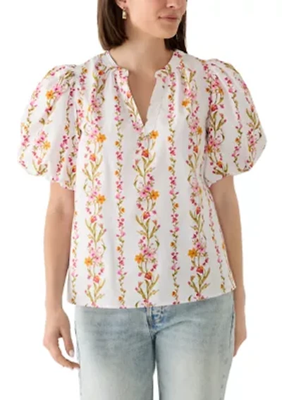 Women's Puff Sleeve Vine Floral Split Neck Blouse