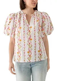 Women's Puff Sleeve Vine Floral Split Neck Blouse