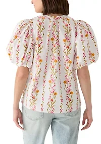 Women's Puff Sleeve Vine Floral Split Neck Blouse