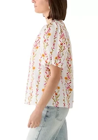Women's Puff Sleeve Vine Floral Split Neck Blouse
