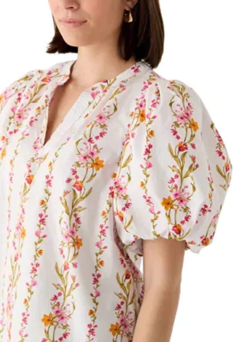 Women's Puff Sleeve Vine Floral Split Neck Blouse