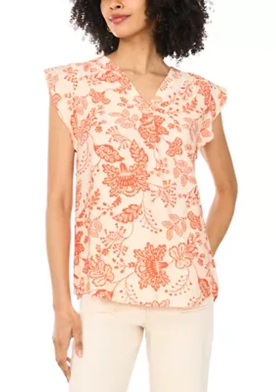 Women's Flutter Sleeve Split Neck Floral Blouse