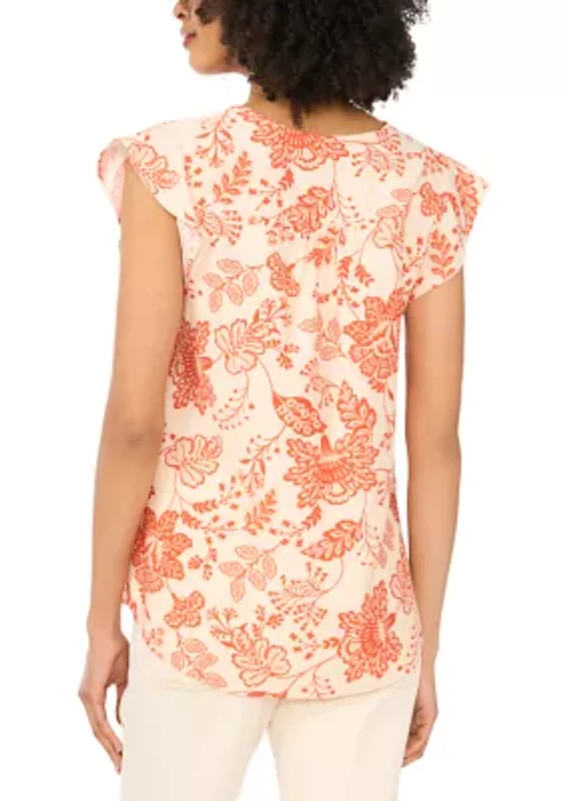 Women's Flutter Sleeve Split Neck Floral Blouse