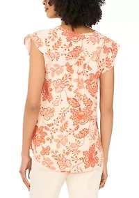 Women's Flutter Sleeve Split Neck Floral Blouse