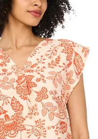 Women's Flutter Sleeve Split Neck Floral Blouse