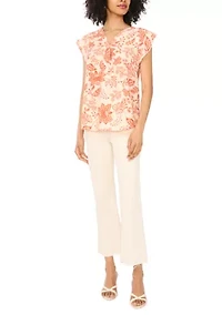 Women's Flutter Sleeve Split Neck Floral Blouse