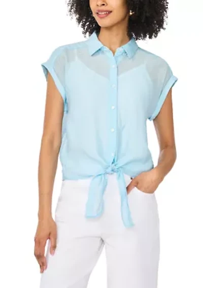Women's Short Sleeve Tie Front Lawn Shirt