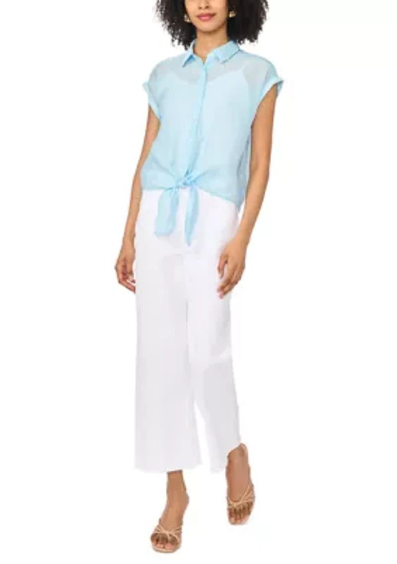 Women's Short Sleeve Tie Front Lawn Shirt