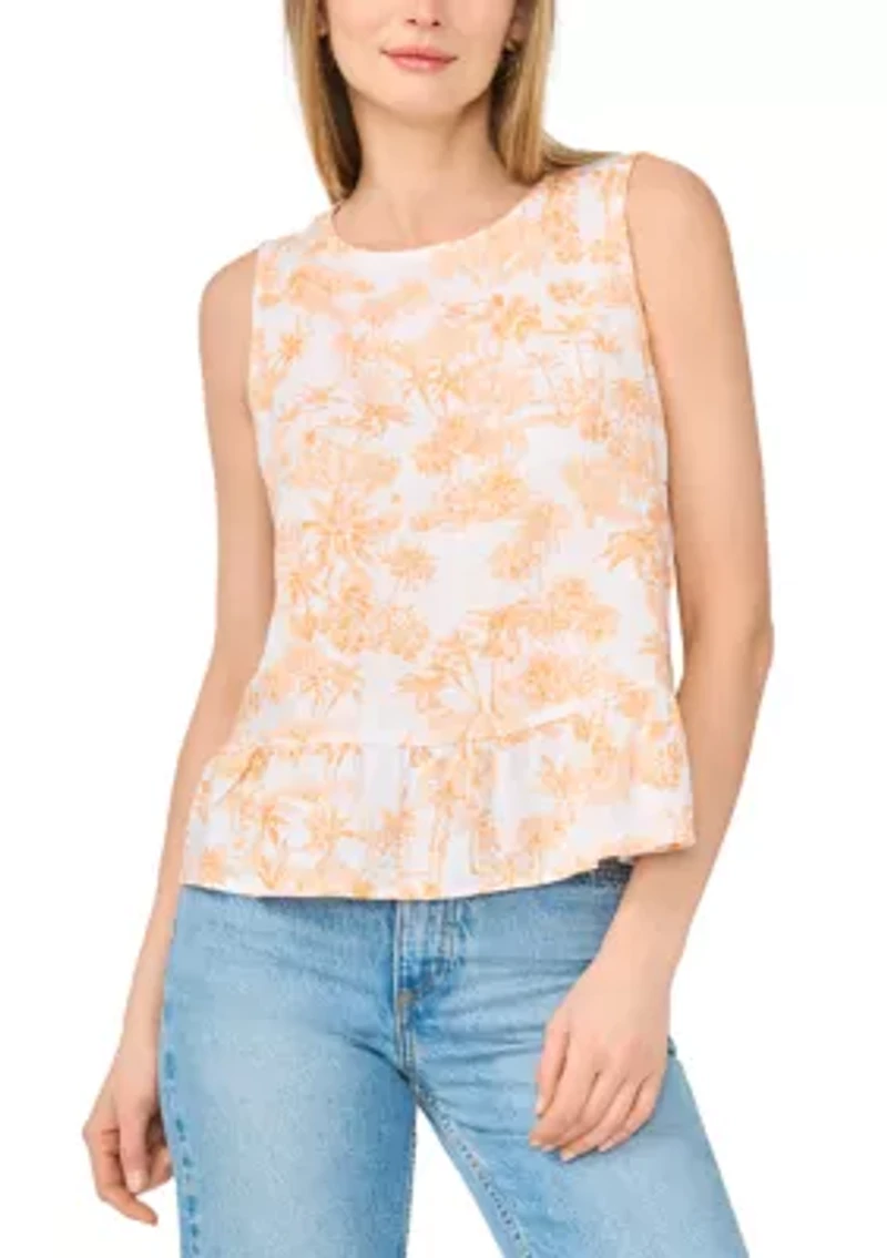 Women's Sleeveless Scenic Printed Linen Peplum Top