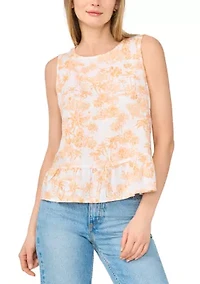 Women's Sleeveless Scenic Printed Linen Peplum Top