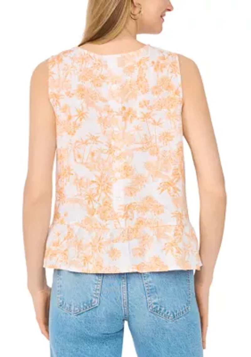 Women's Sleeveless Scenic Printed Linen Peplum Top
