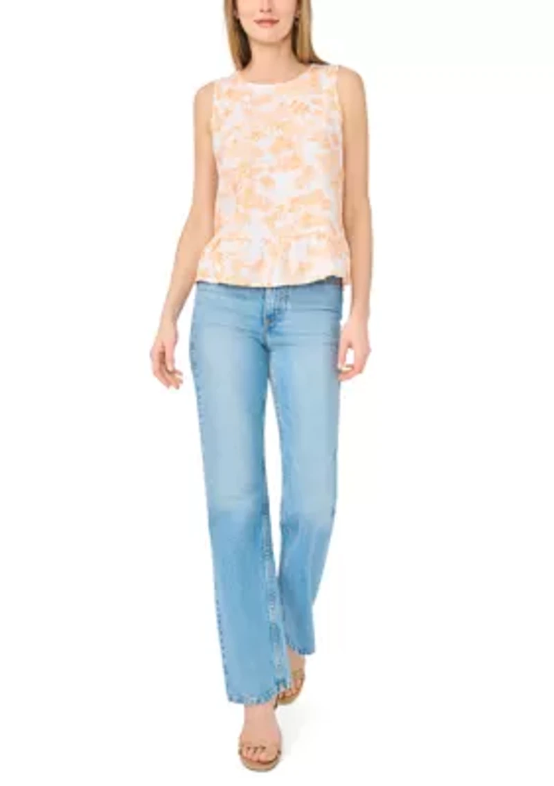 Women's Sleeveless Scenic Printed Linen Peplum Top