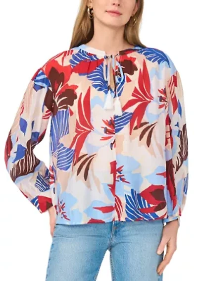 Women's Long Sleeve Split Neck Tropical Floral Peasant Top