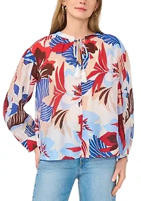 Women's Long Sleeve Split Neck Tropical Floral Peasant Top