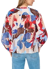 Women's Long Sleeve Split Neck Tropical Floral Peasant Top