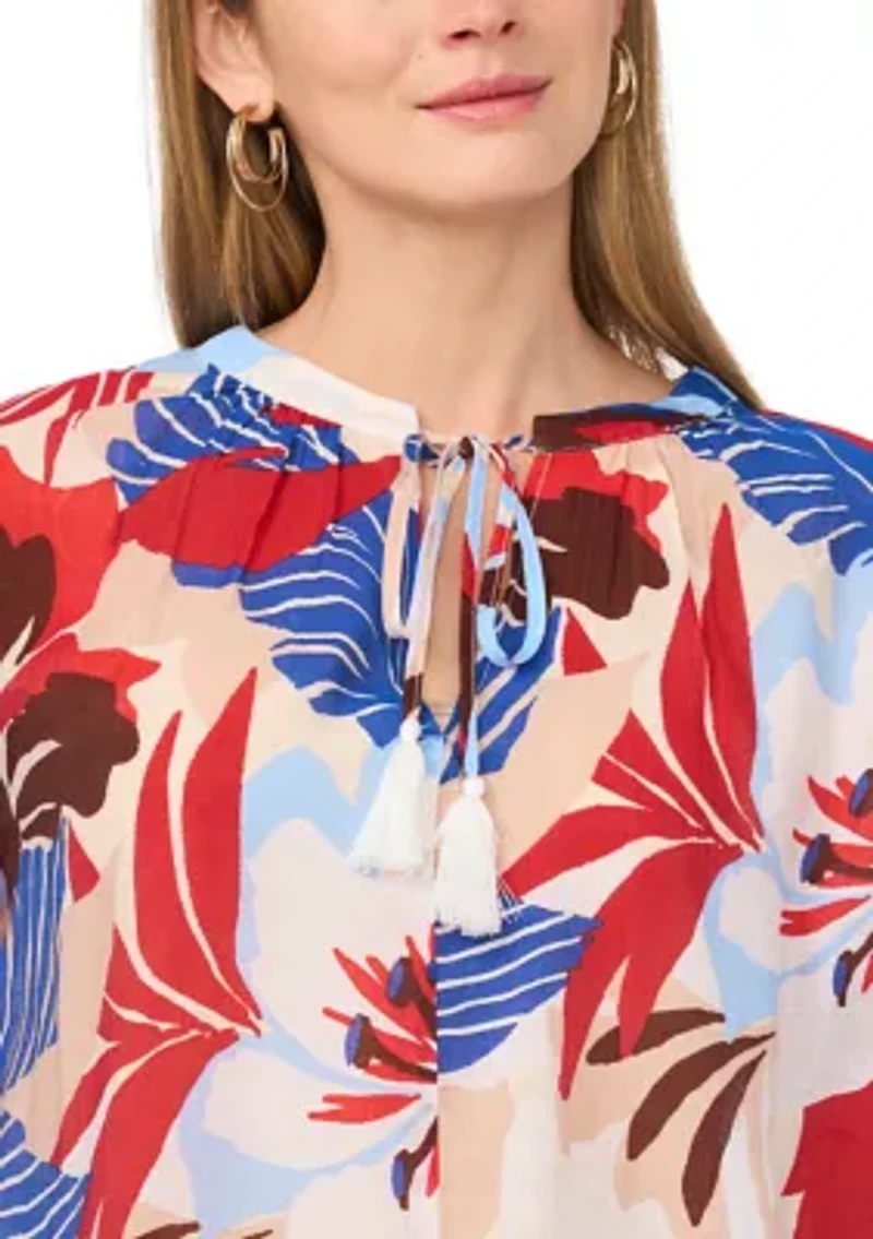Women's Long Sleeve Split Neck Tropical Floral Peasant Top