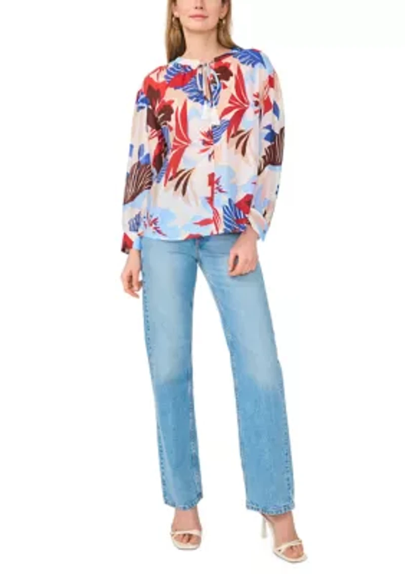 Women's Long Sleeve Split Neck Tropical Floral Peasant Top