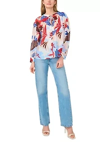 Women's Long Sleeve Split Neck Tropical Floral Peasant Top